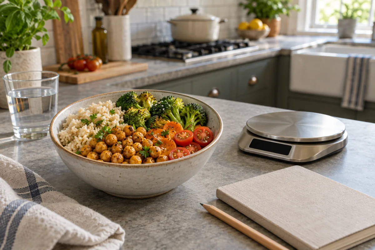 A balanced meal beside a kitchen scale and closed notebook on a home counter