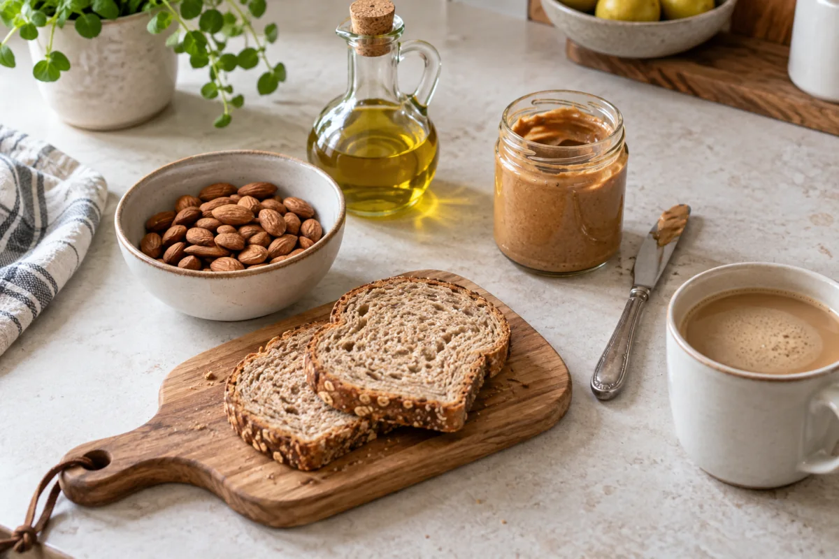 Cooking oil, almonds, nut butter and bread arranged as everyday kitchen ingredients