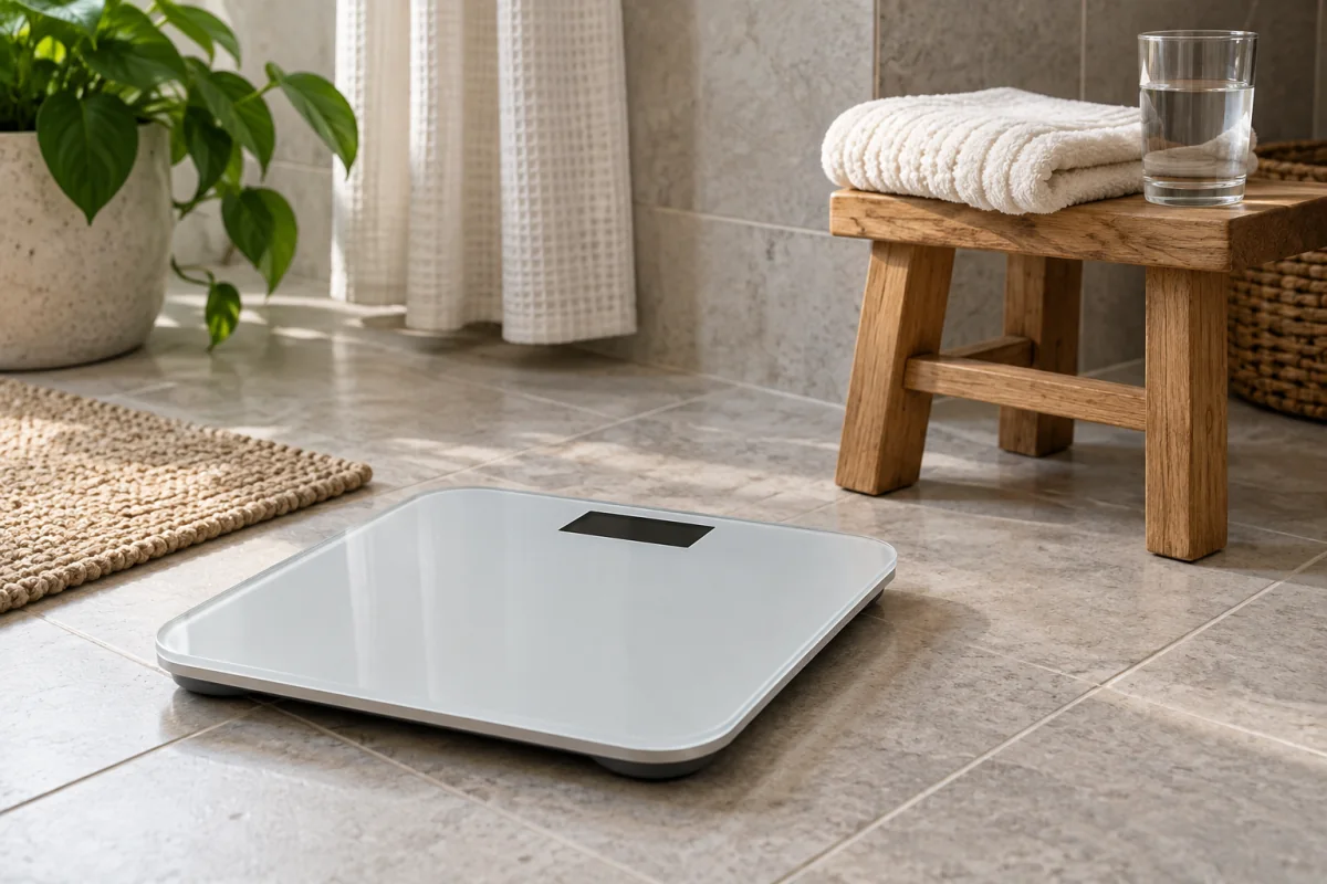 An empty digital bathroom scale with its display off beside folded towels
