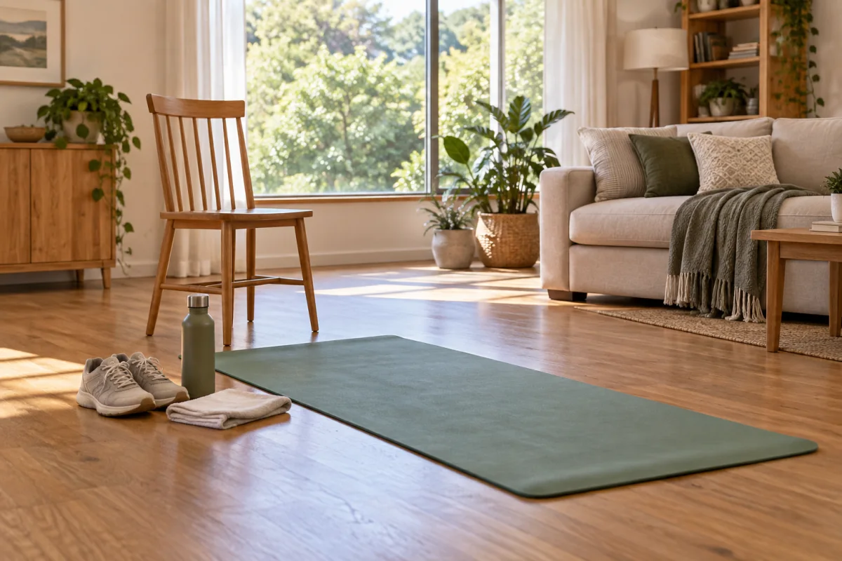 An exercise mat, walking shoes and water bottle in a bright home workout space