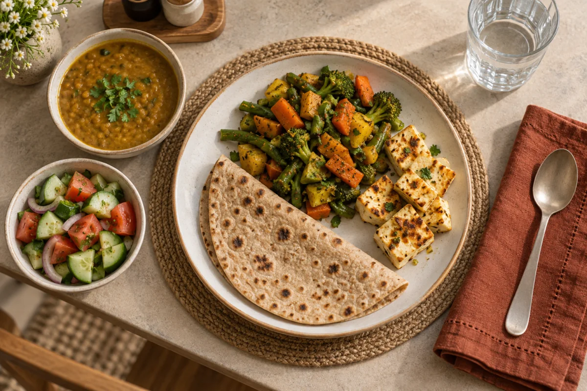 A home meal of dal, whole-wheat roti, paneer, vegetables and cucumber salad