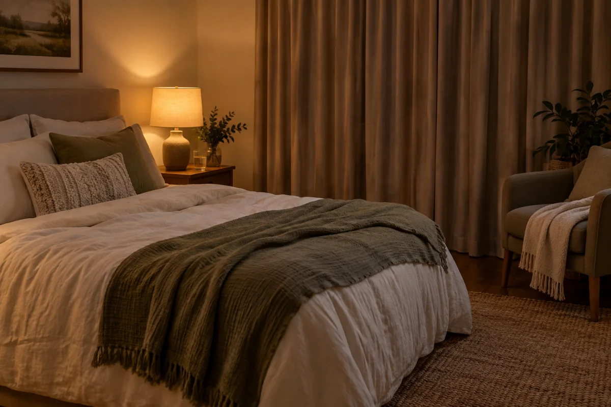 A quiet bedroom with soft linen bedding, a warm bedside lamp and curtains drawn for the evening