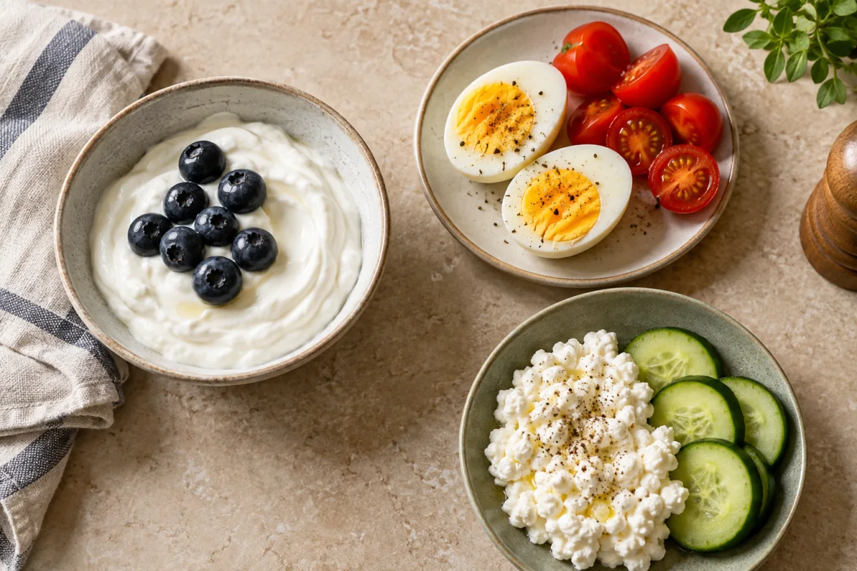 Greek yogurt with berries, boiled eggs and cottage cheese with cucumber arranged as separate snack options.