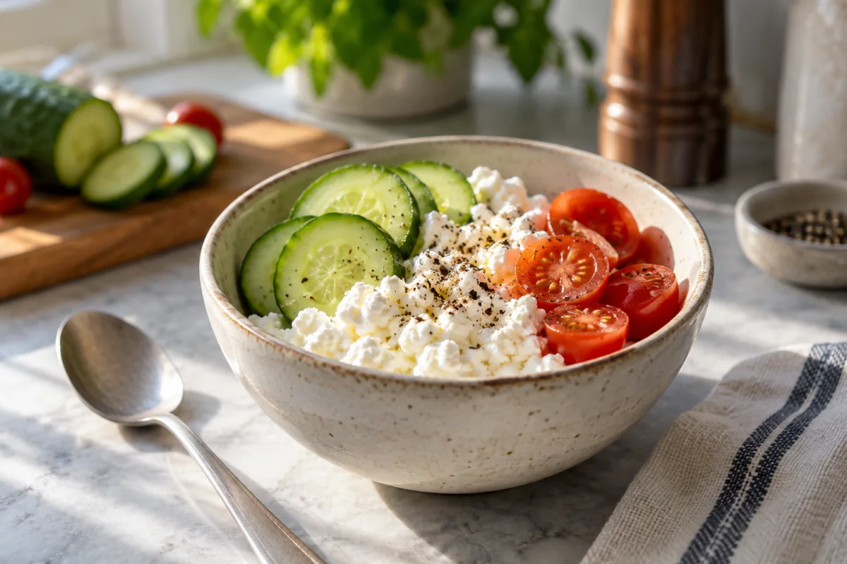 A small bowl of cottage cheese with cucumber and tomatoes beside a spoon on a kitchen counter.