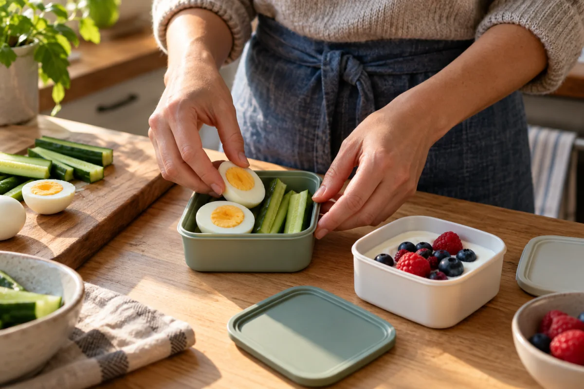 An adult's hands packing yogurt, vegetables and boiled eggs into separate reusable snack containers.
