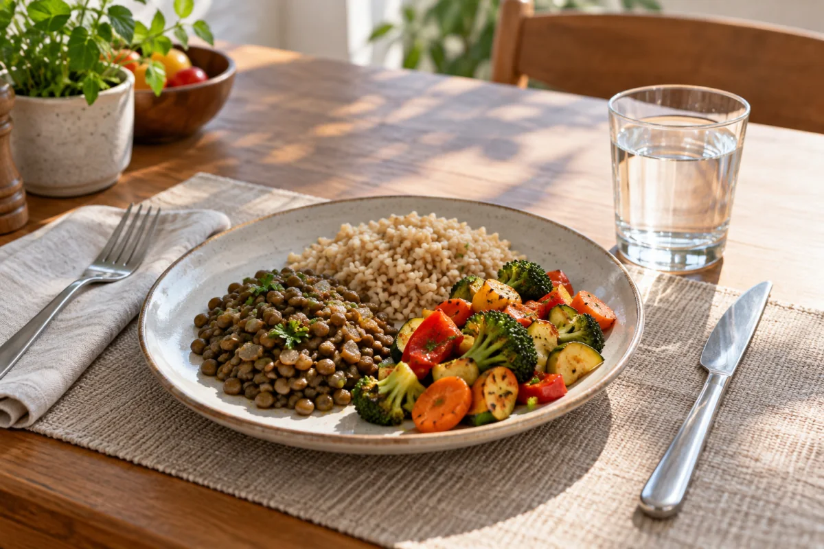 A balanced meal of lentils, rice and vegetables beside a glass of water on a dining table.