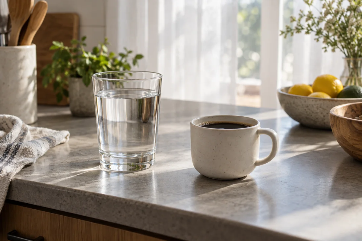 Water and plain black coffee beside a curtained kitchen window in morning light.