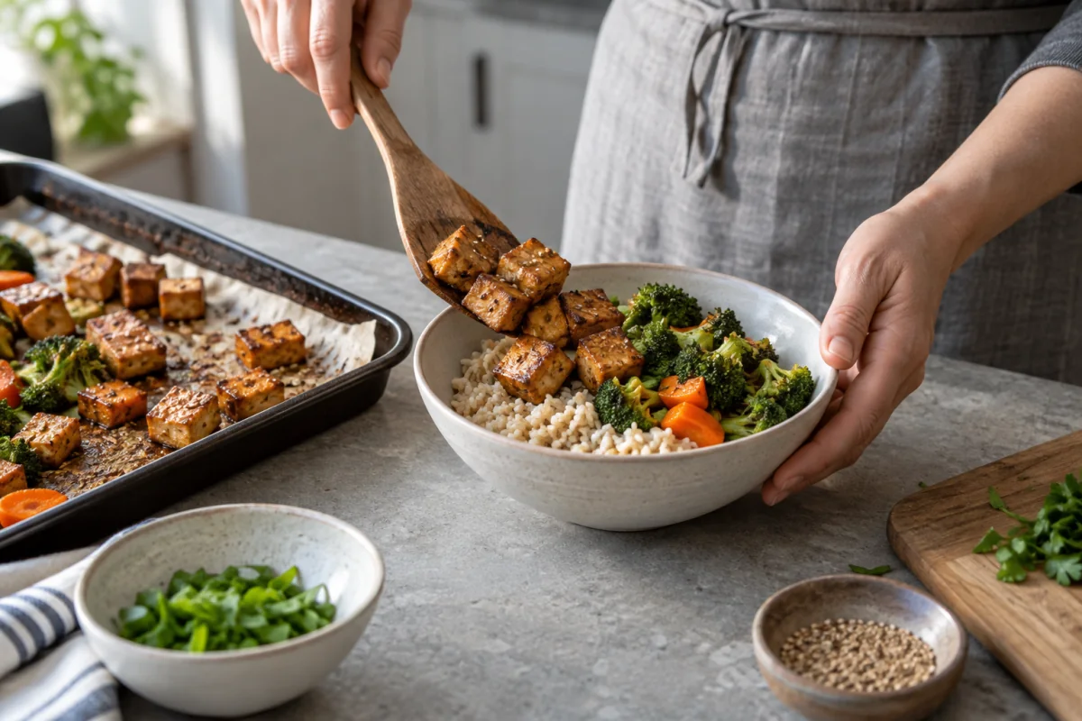 Hands preparing a meal with tofu, rice and vegetables in a home kitchen.