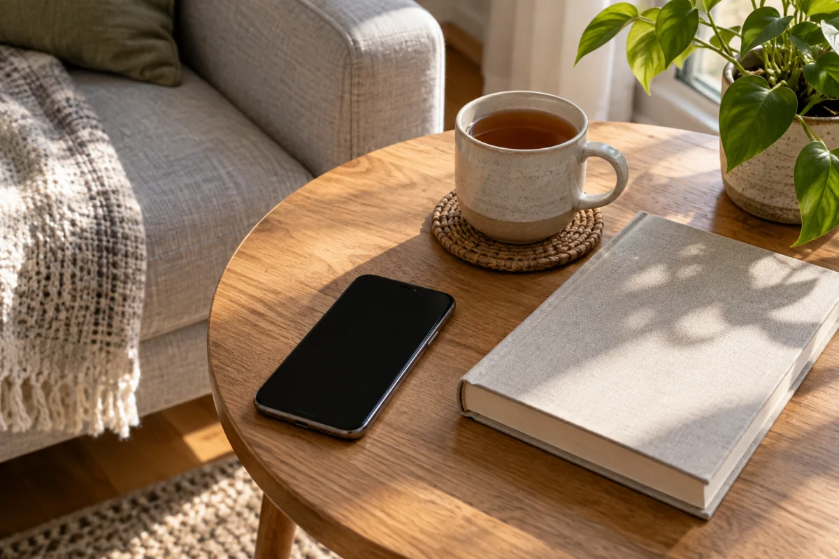 A phone with a dark screen rests beside a closed book and tea on a sunlit table.