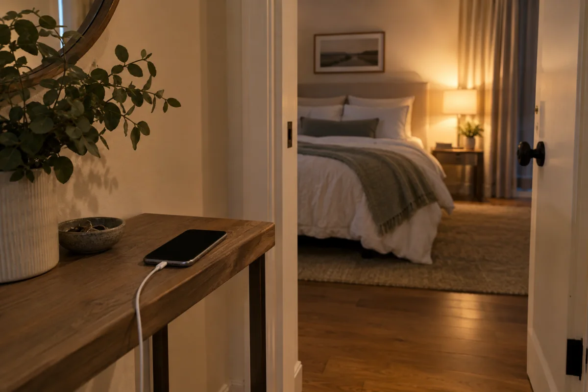 A phone charges on a hallway console outside an open bedroom doorway.