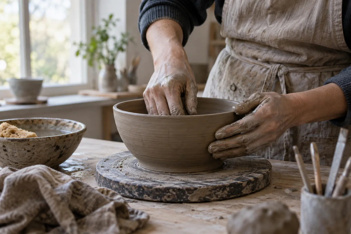 Hands shaping clay at a table during an offline hobby break.