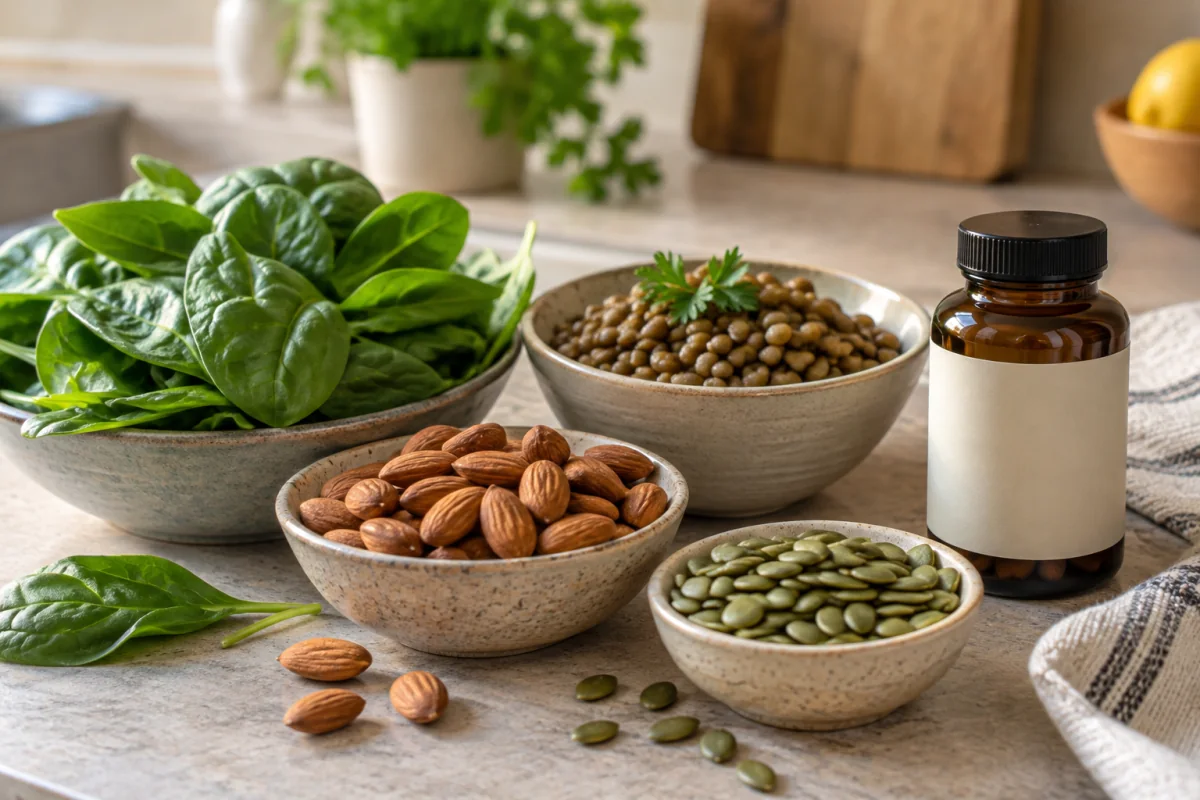 Spinach, almonds, pumpkin seeds and lentils beside a closed plain supplement bottle.