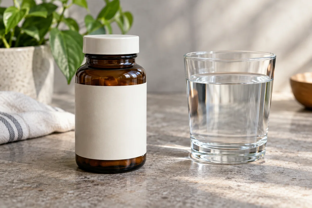 A closed plain supplement bottle and a glass of water on a neutral tabletop.
