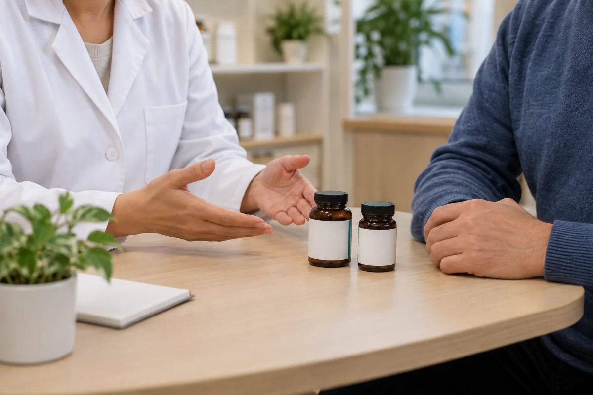 A pharmacist and an adult discuss two closed supplement bottles across a consultation desk.