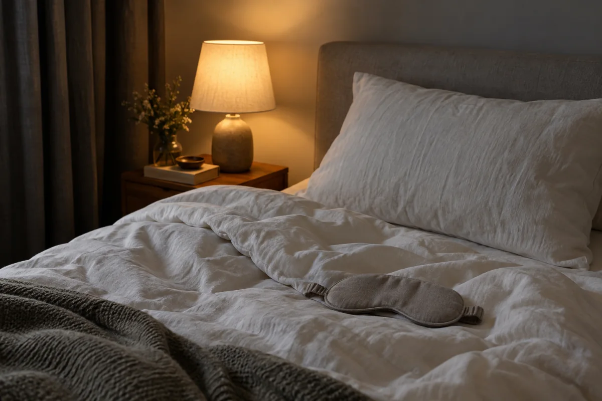A quiet bedroom with soft bedding, a sleep mask and a dim bedside lamp.