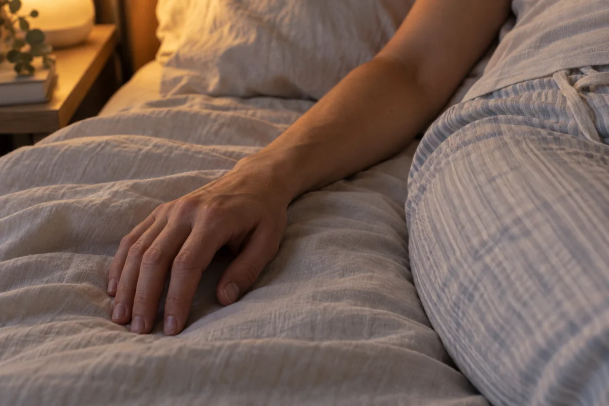 An adult's relaxed hand and forearm rest on a bed during a wind-down routine.