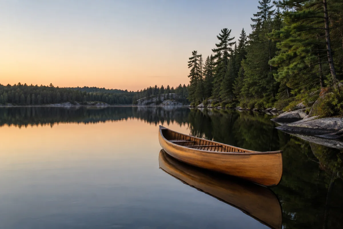 A wooden canoe on a still lake beneath a pale evening sky.