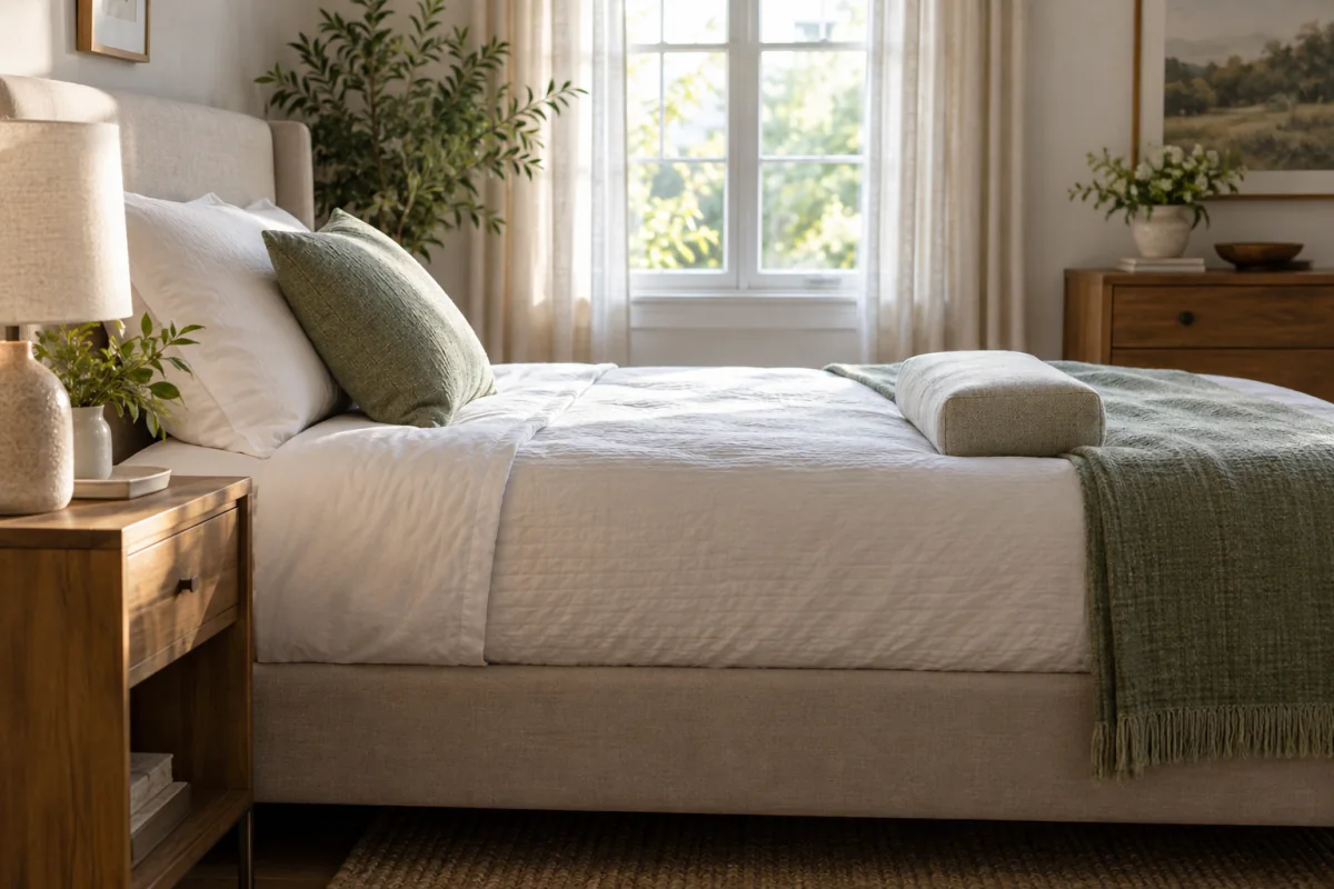 A bed prepared with a head pillow and a separate firm pillow for leg support.