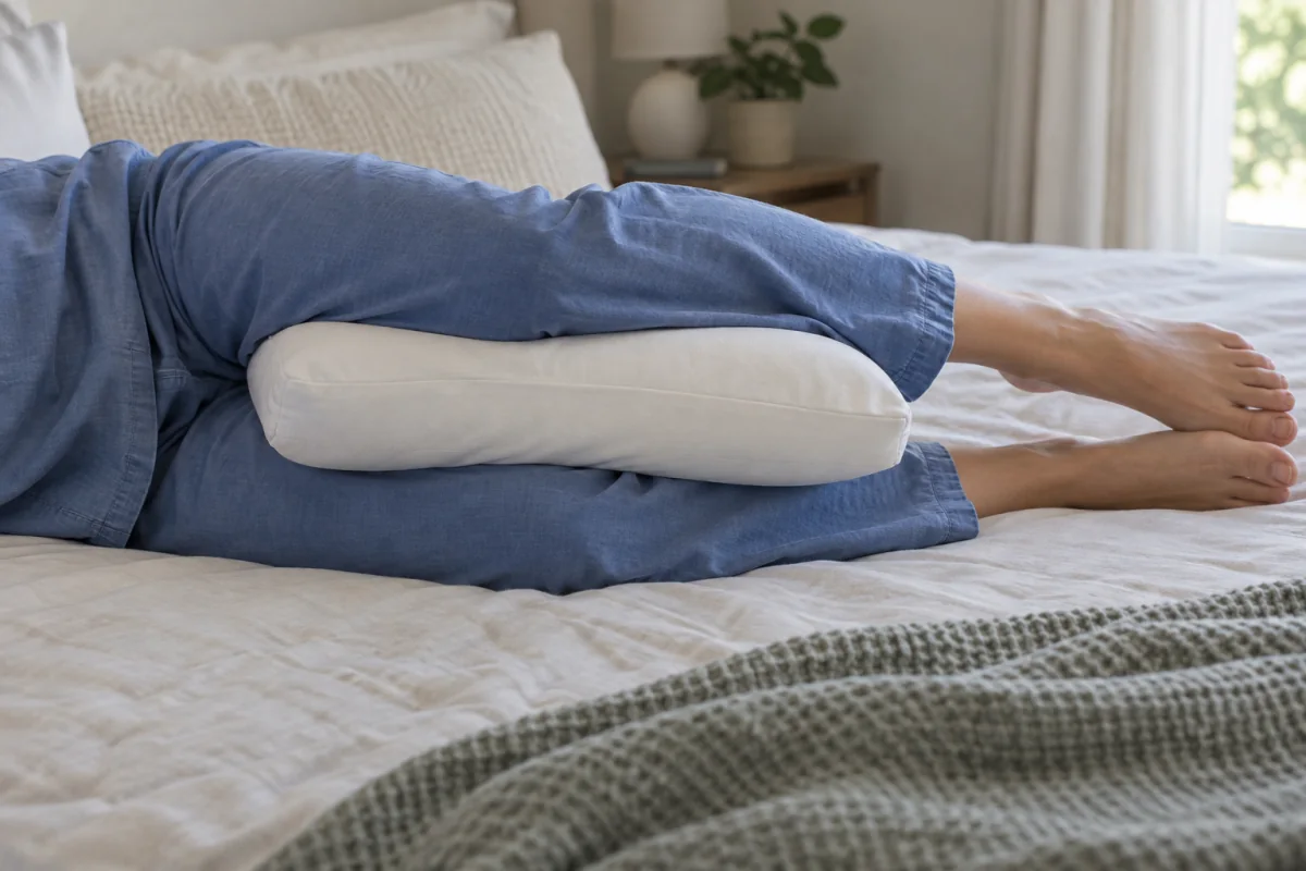 An adult resting on their side with a pillow between their bent knees and lower legs.