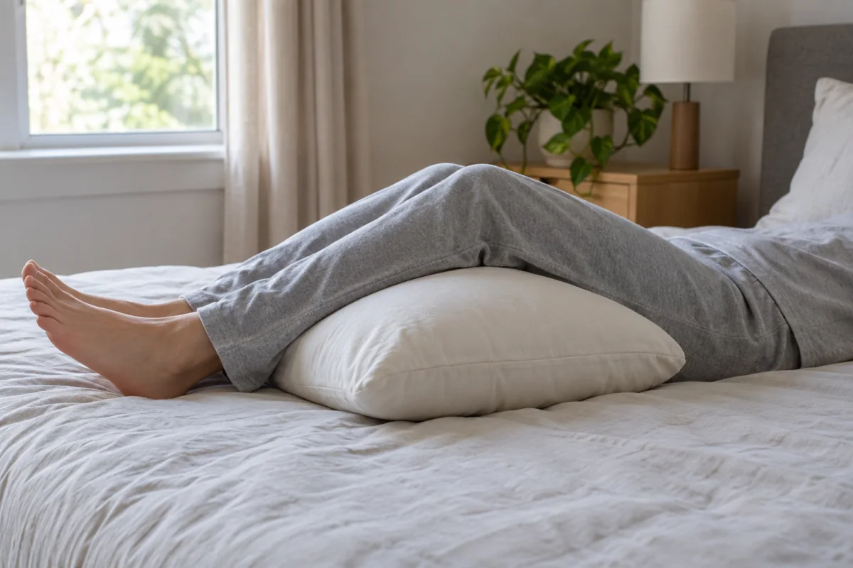 An adult resting on their back with a pillow supporting both knees.