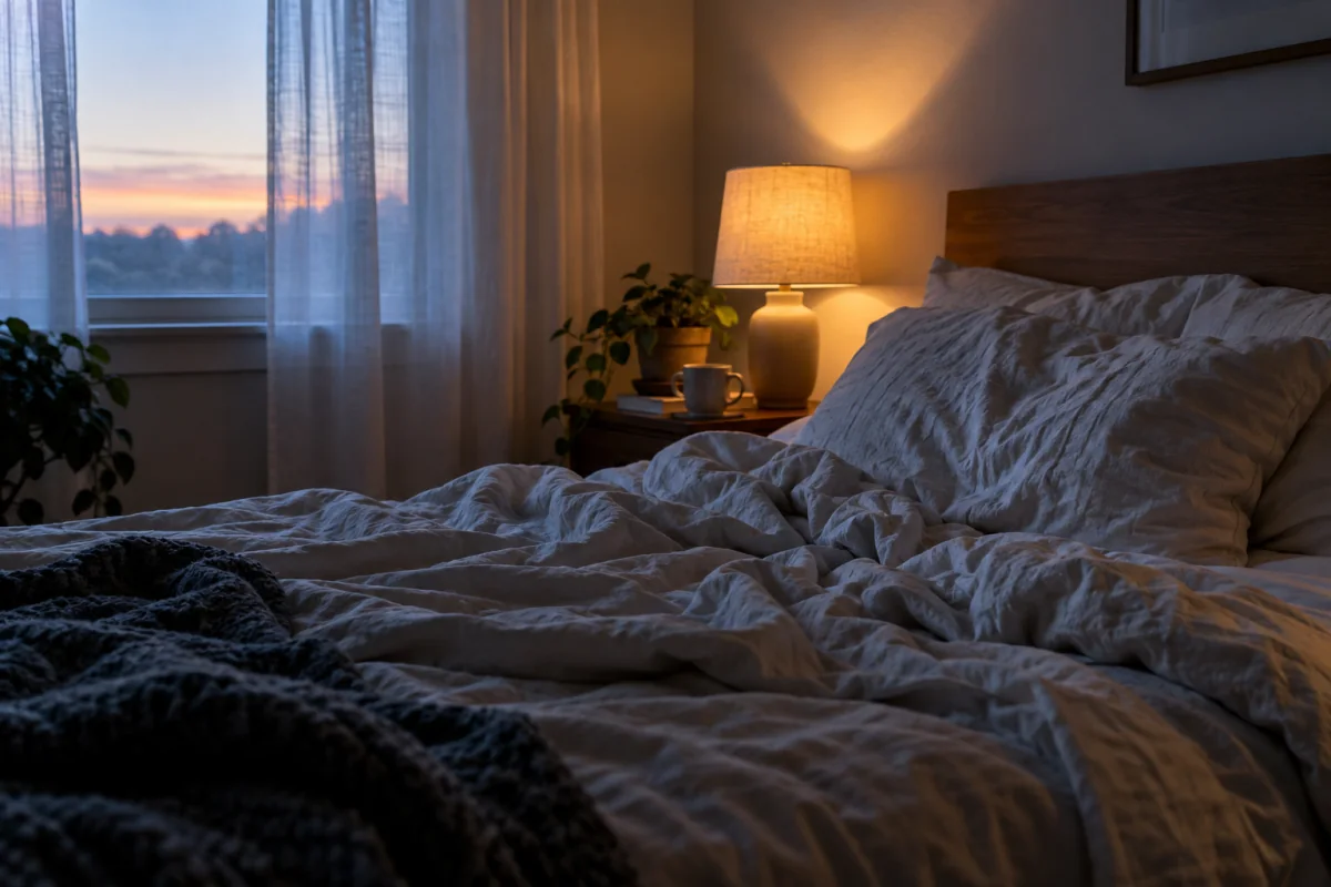 An unmade bed and dim bedside lamp at dawn.