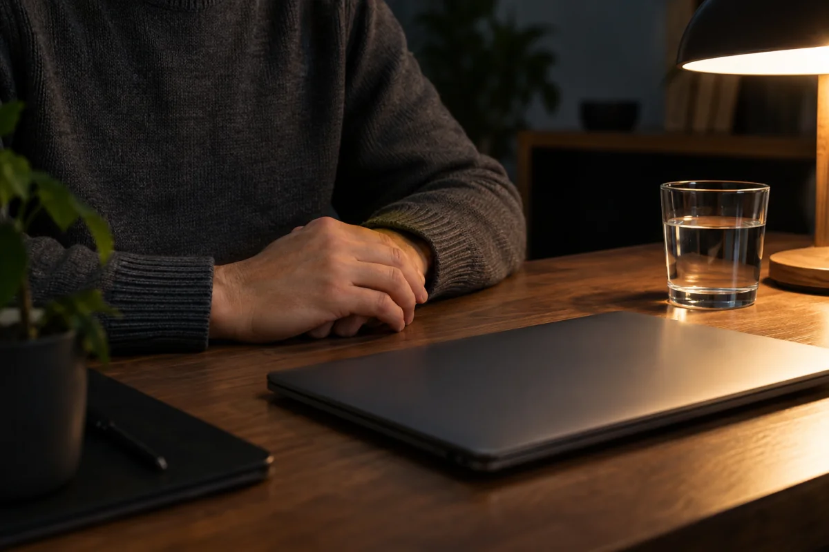 An adult's hands rest beside a closed laptop during a late-night work break.