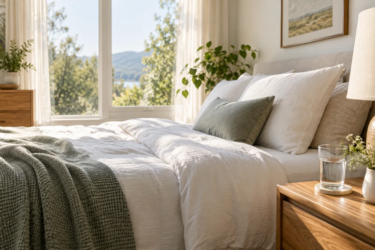Curtains drawn open to let morning daylight into a calm bedroom.