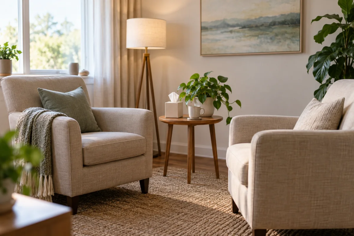 Two armchairs face each other in a quiet counselling room.
