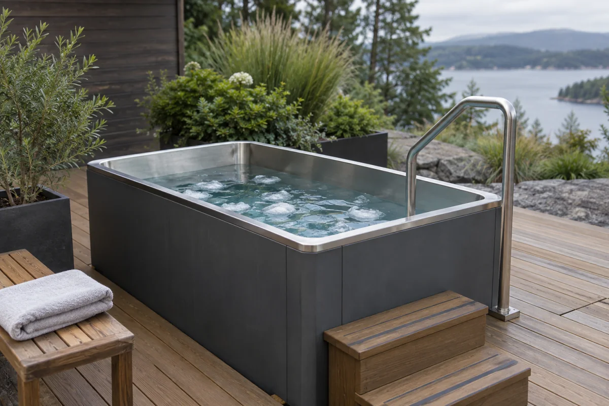 An empty cold-water tub with a handrail, step and folded towel nearby.