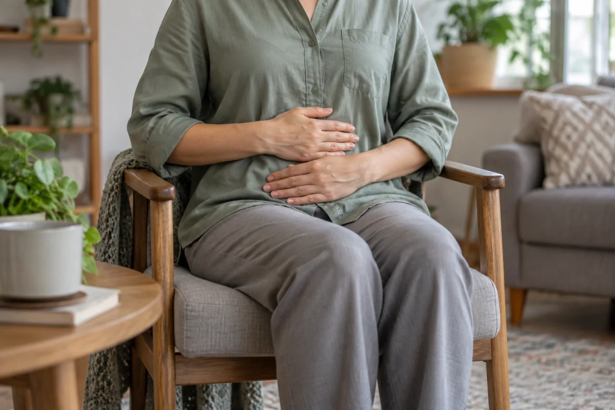 An adult sits upright in a chair with hands resting on their abdomen during a quiet breathing pause.