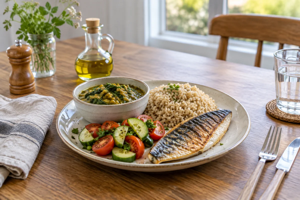 Spinach dal, brown rice and grilled fish served with tomato salad on a home dining table.