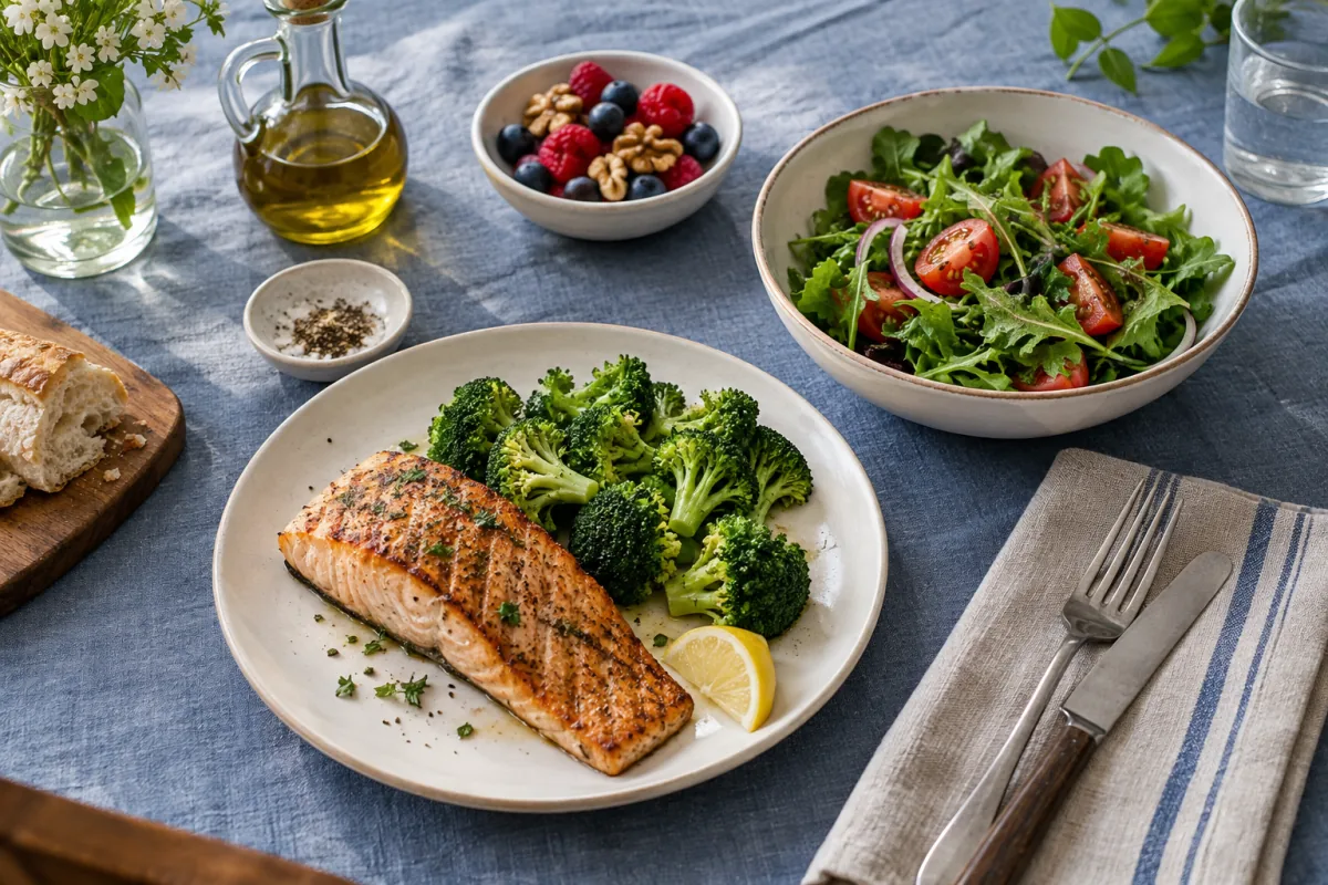 Grilled salmon, broccoli, tomato salad and berries set out for a simple Mediterranean-style meal.