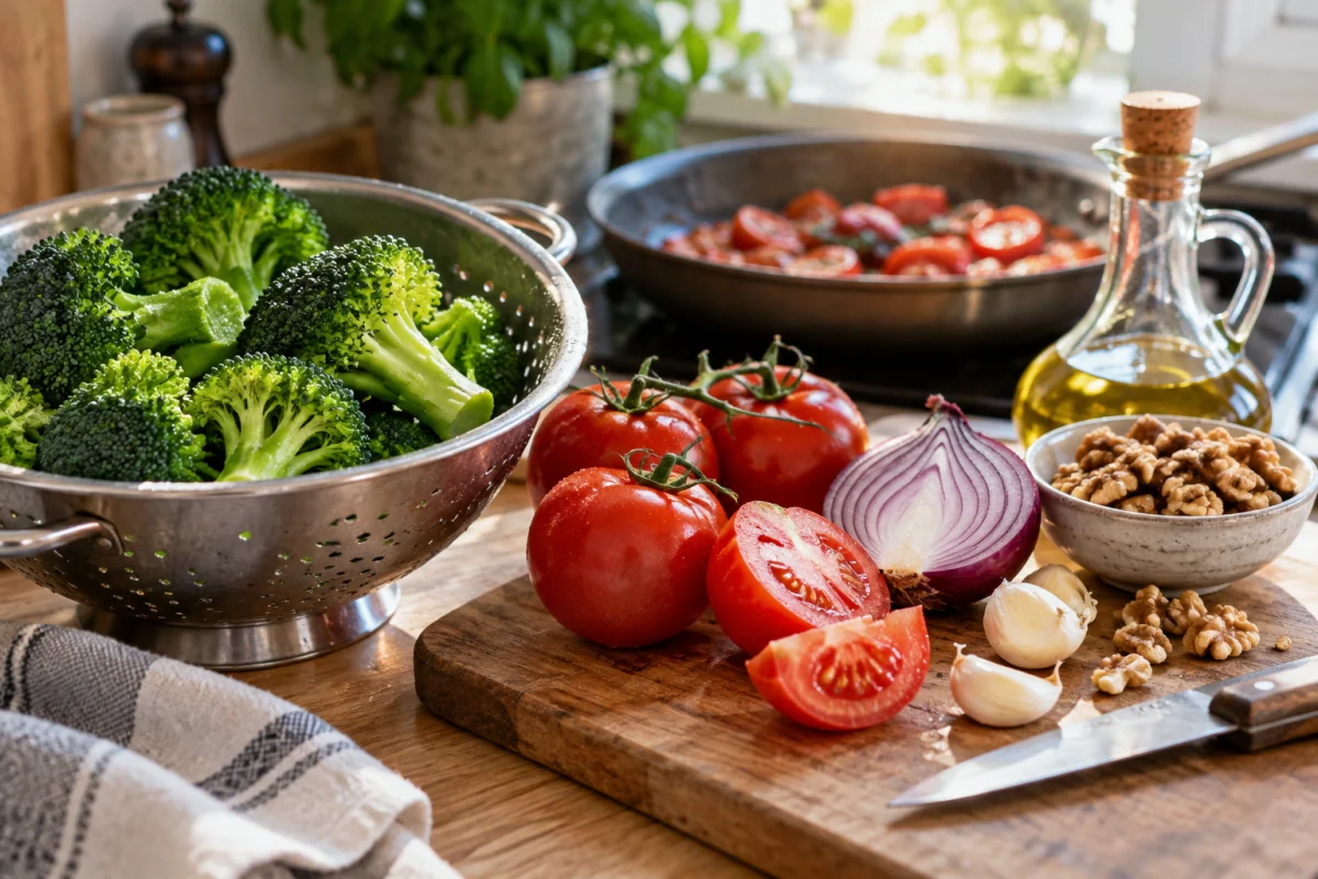 Broccoli, ripe tomatoes, garlic, onion and olive oil prepared for an everyday vegetable dish.
