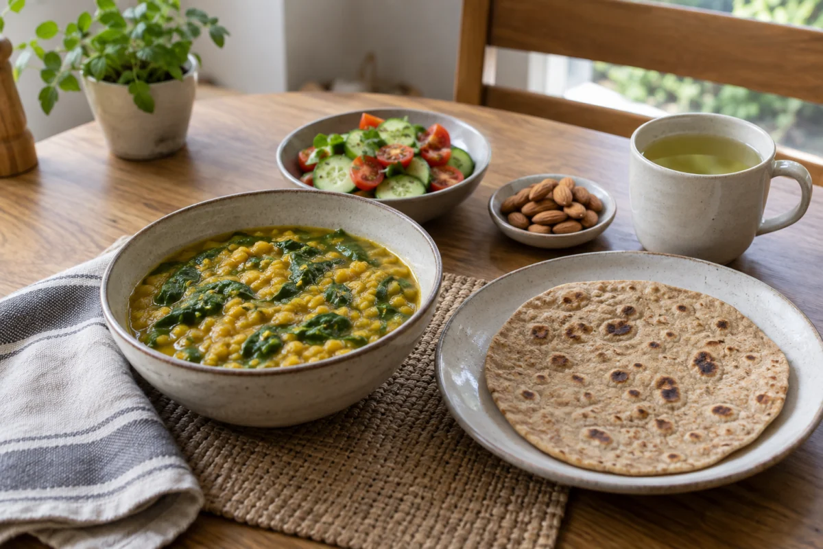Lentil and spinach lunch with wholegrain flatbread, accompanied by almonds and unsweetened green tea.