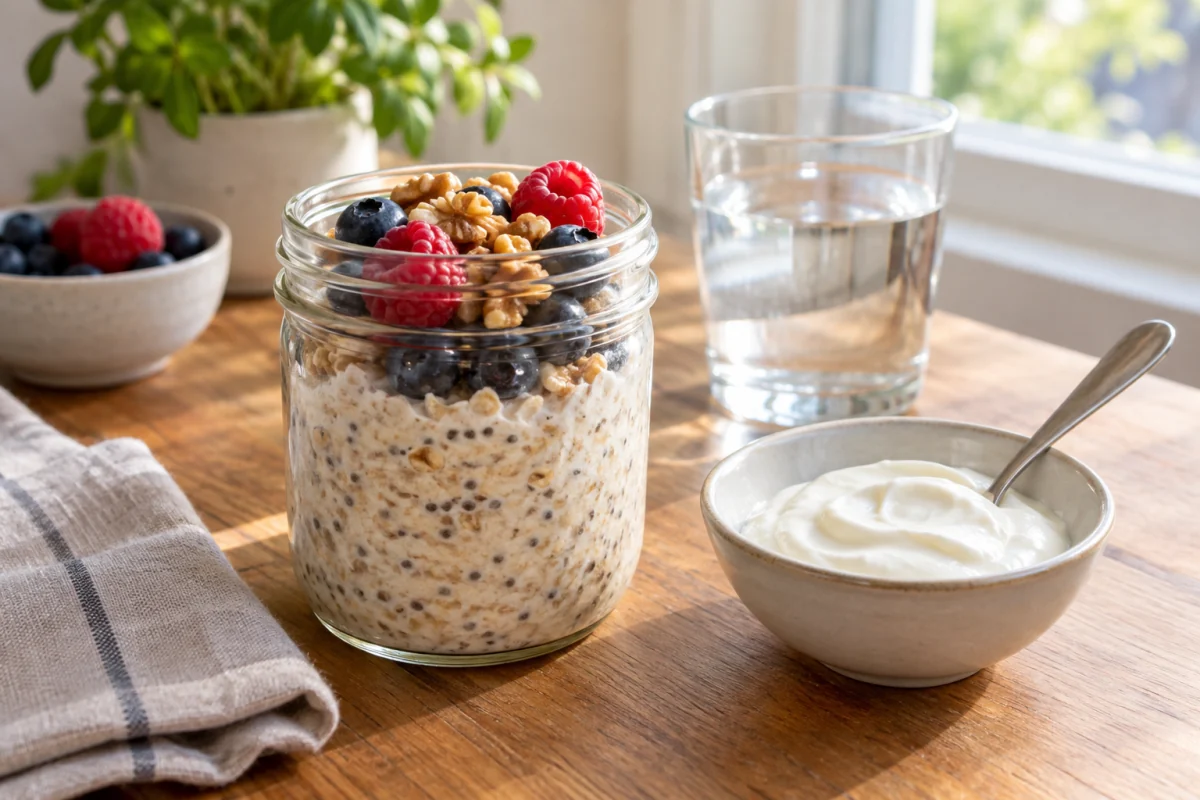 Overnight oats with berries and walnuts beside plain yogurt and a glass of water.