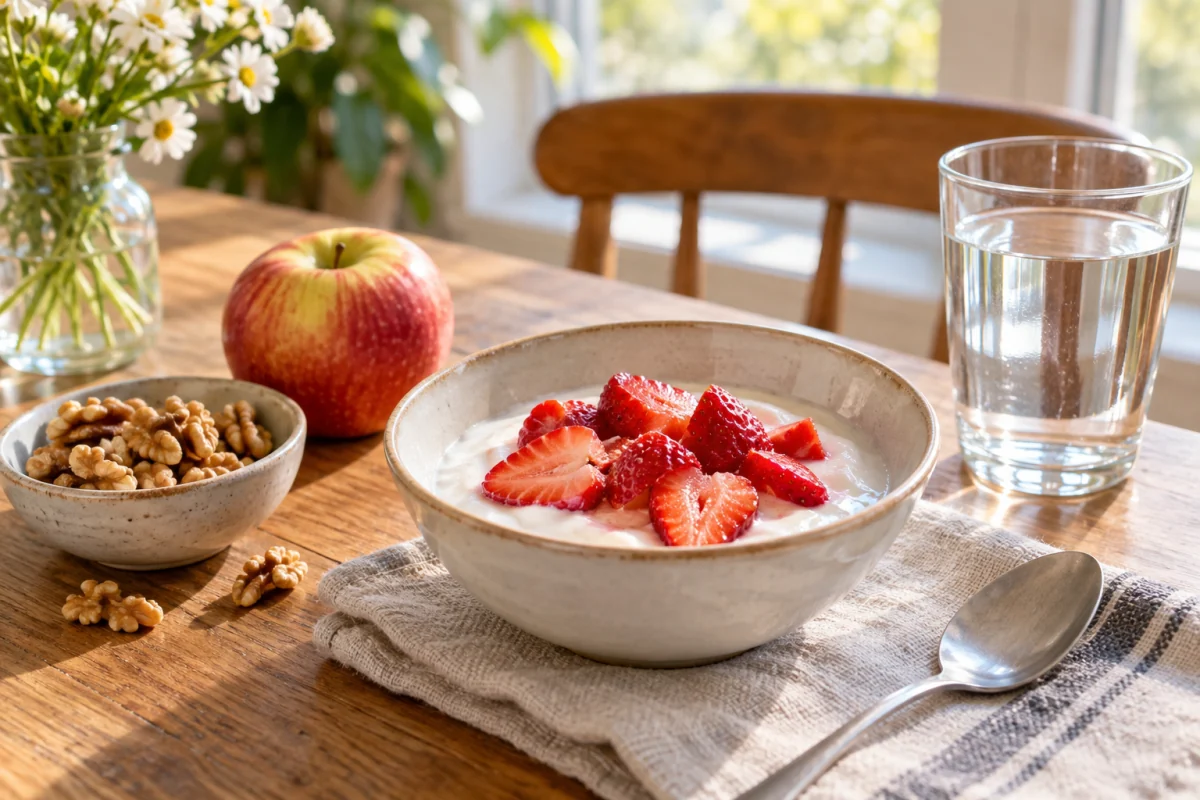 Plain yogurt with berries, an apple, walnuts and water on a kitchen breakfast table.