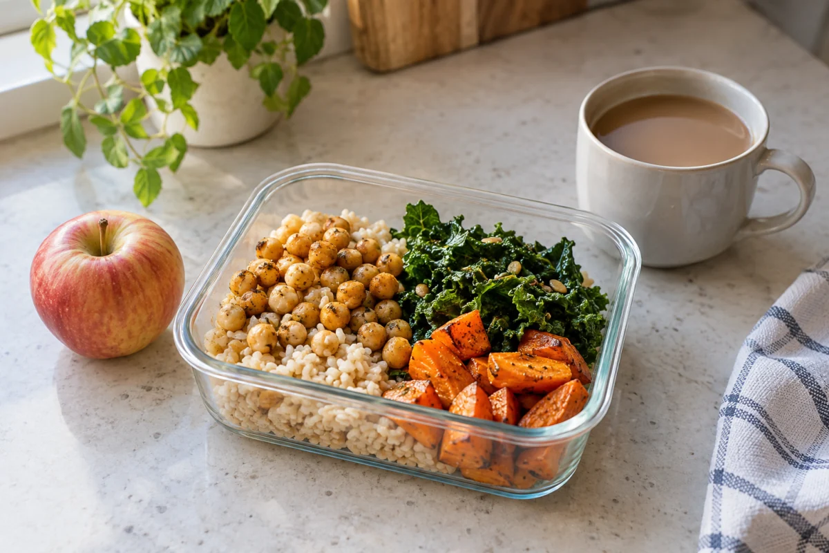 Prepared brown rice, chickpeas and vegetables in a glass lunch container.