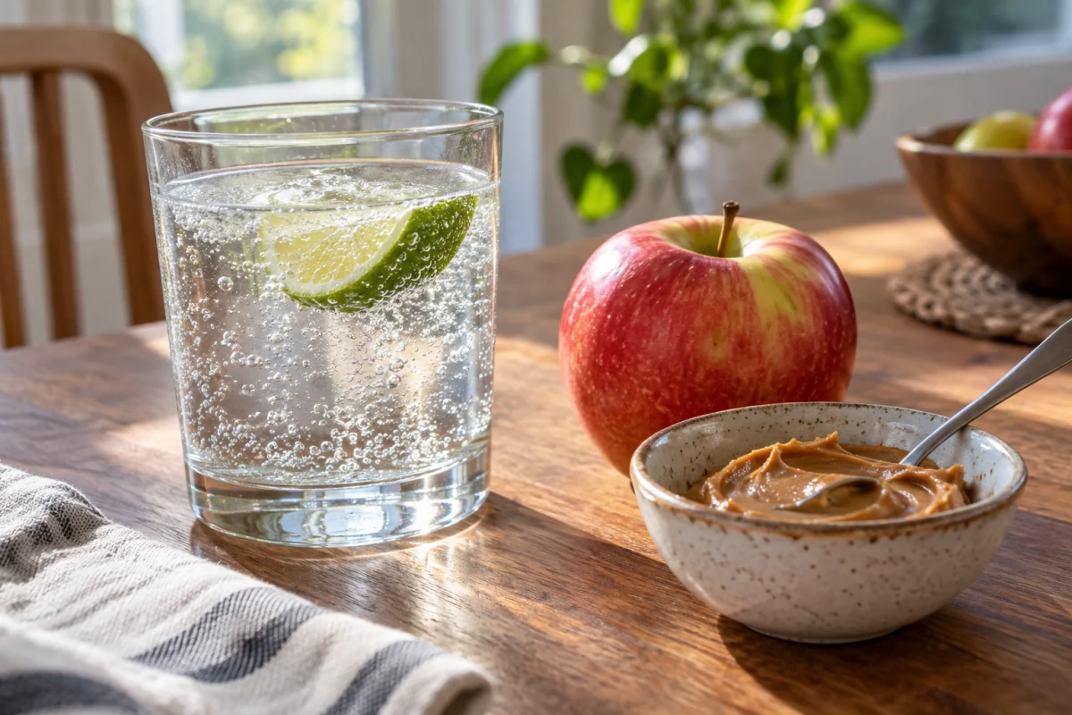 Sparkling water with lime beside an apple and a small bowl of unsweetened peanut butter.