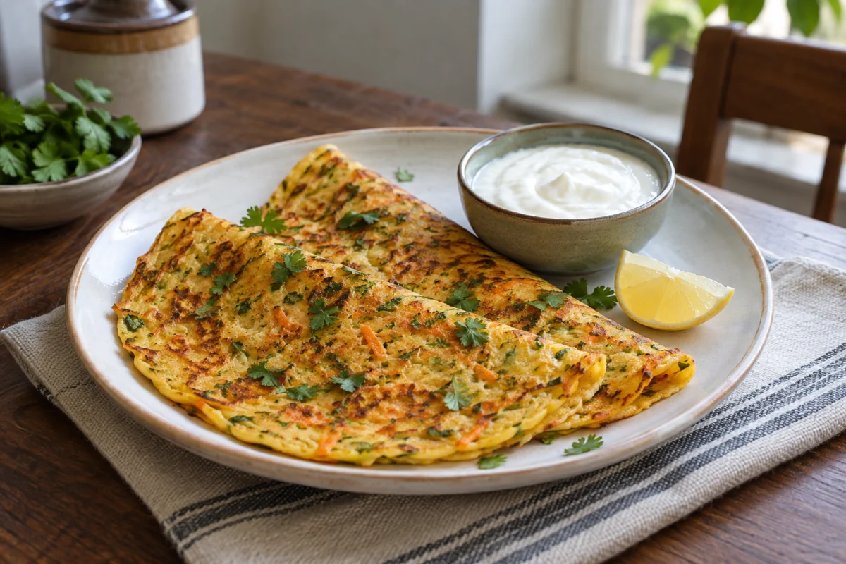 Moong dal chilla with coriander, grated carrot and plain curd served for breakfast.