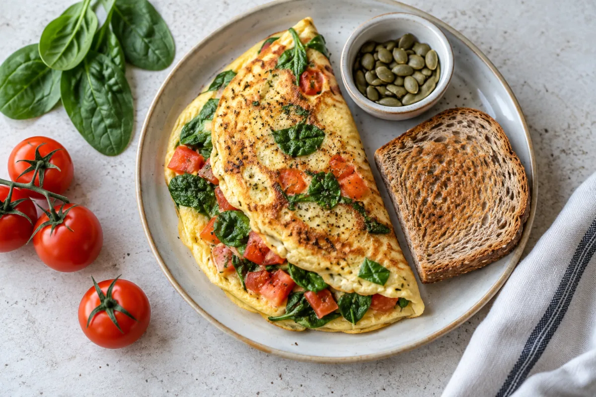 Spinach and tomato omelette with wholegrain toast on a breakfast plate.