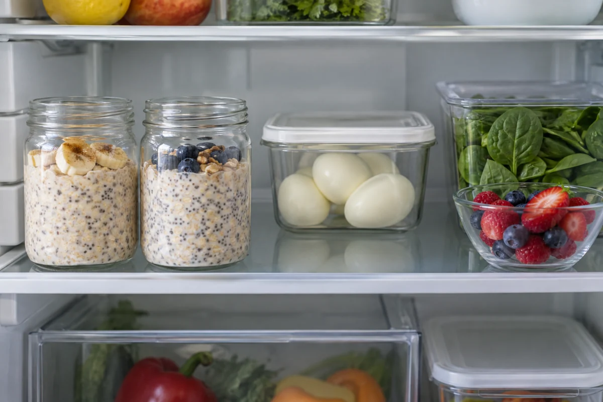 Overnight oat jars, boiled eggs, washed spinach and berries prepared for busy mornings.