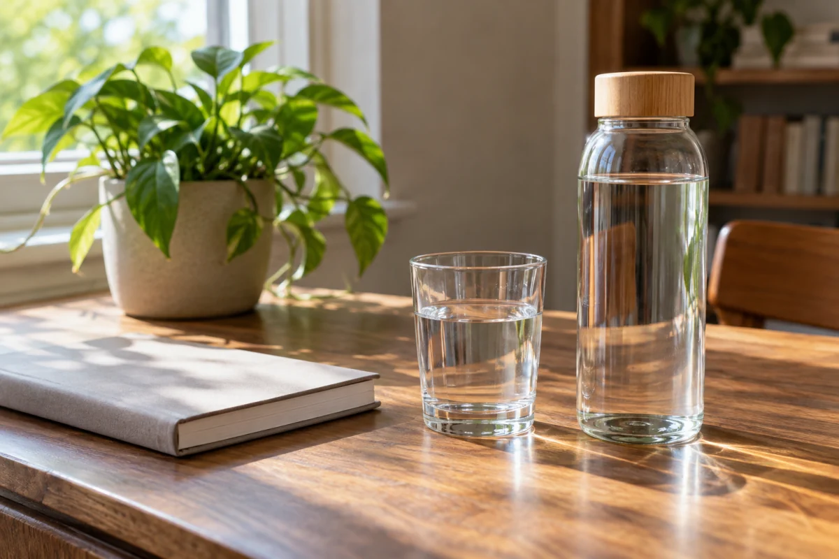 A reusable glass water bottle and drinking glass within reach on a daylight desk.