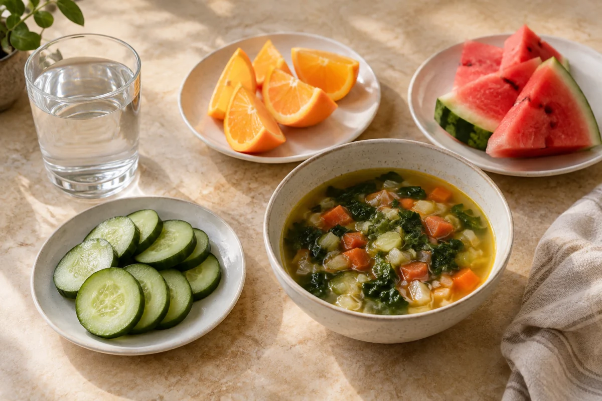 Water, vegetable soup, cucumber, orange and watermelon showing different sources of fluid.
