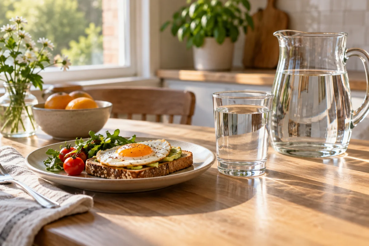 A glass and water pitcher beside a simple breakfast on a sunny kitchen table.