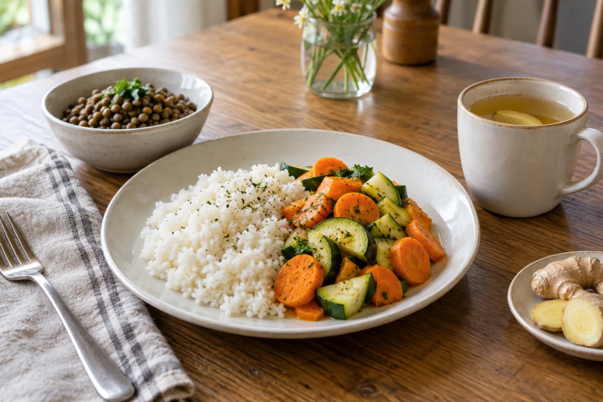 Rice with cooked carrots and courgette, a small serving of lentils and a cup of ginger tea.