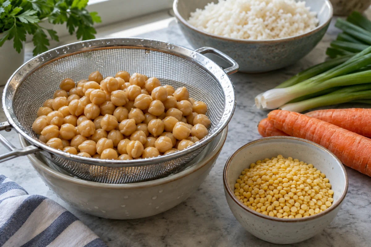 Rinsed chickpeas in a kitchen strainer beside moong dal, carrots and spring onion greens.