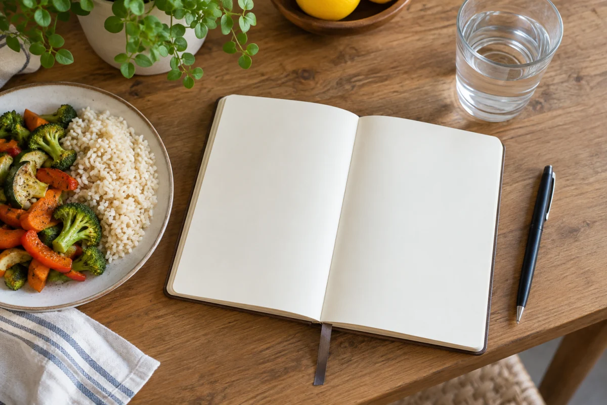 An open blank notebook and pen beside a simple meal and glass of water.