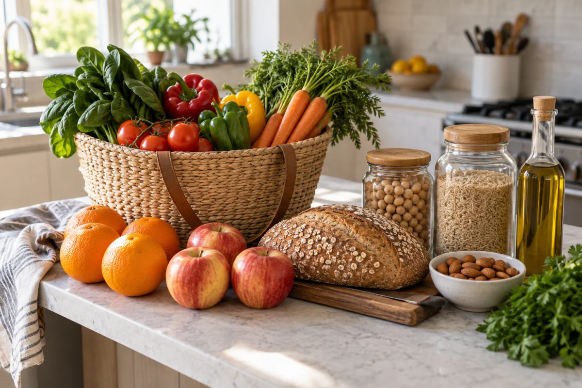 Vegetables, fruit, legumes, wholegrain bread and olive oil unpacked from a reusable shopping bag.