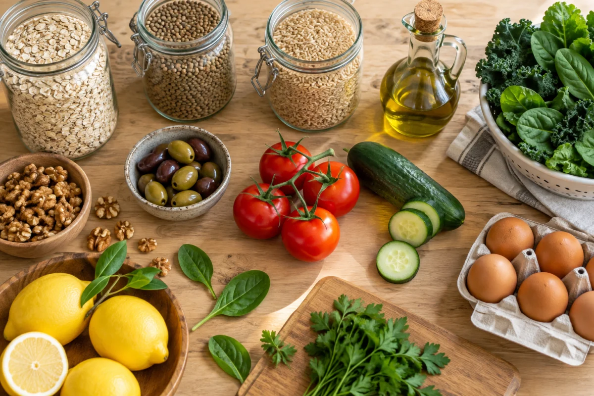 Oats, lentils, brown rice, olive oil, nuts and seasonal produce arranged as pantry staples.