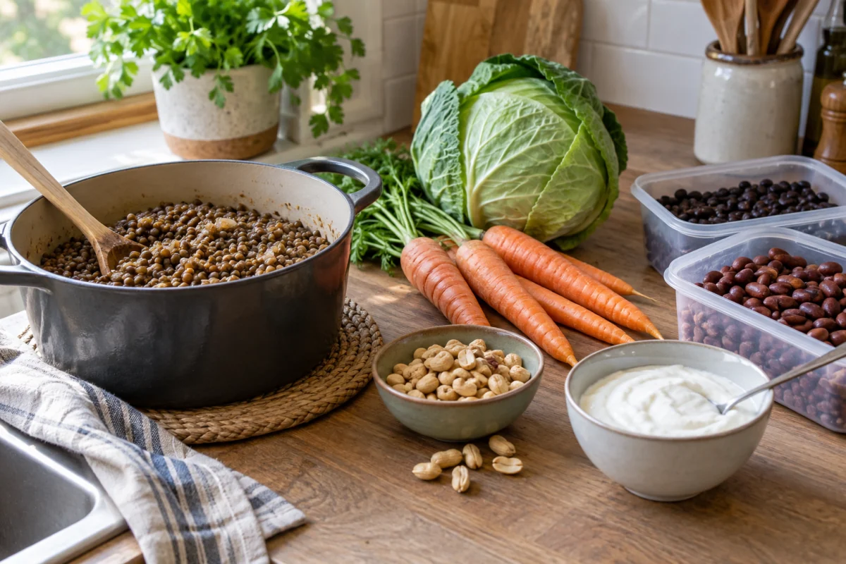 Cooked lentils, seasonal vegetables, peanuts and curd ready for affordable home meals.